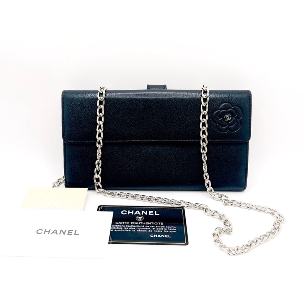 Authentic CHANEL CC Black Camellia Calfskin Leather Long Wallet W/ Serial Card